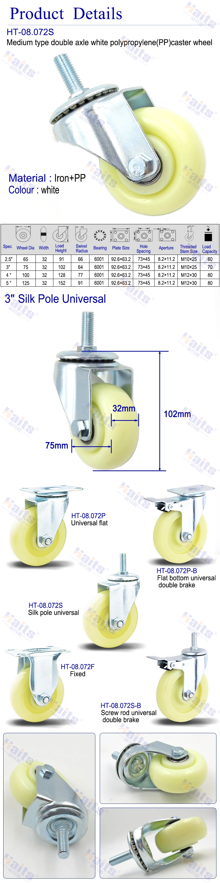 Industrial Caster Wheel Heavy Duty Threaded Stem Caster Wheel with Stopper 2.5/3/4/5 Inches Furniture Hardware