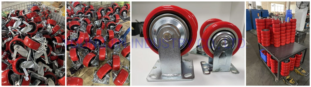 Industrial Iron Core Caster Wheel Red PU Medium Heavy Duty Castor Rigid Swivel Brake