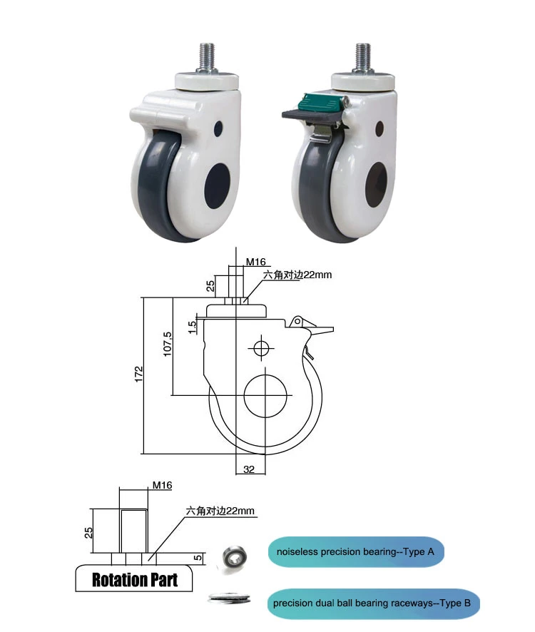 Jq Caster 3inch 4inch Expansion Rod ABS Plastic Cover Swivel Medical Trolley Caster